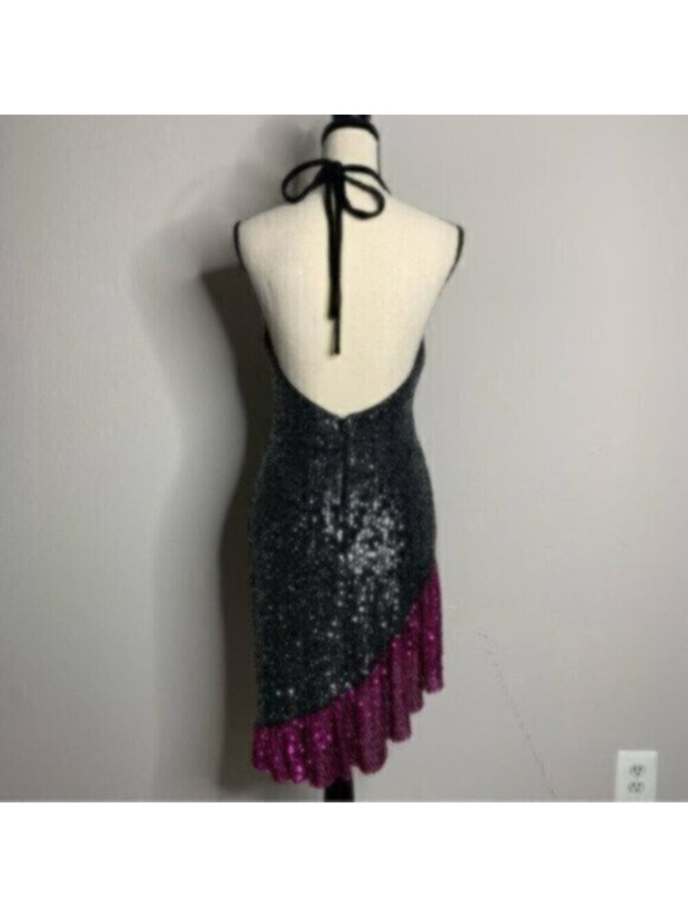 NWT One33 Social Black & Purple Sequin Colorblock Backless Halter Dress - Picture 12 of 15